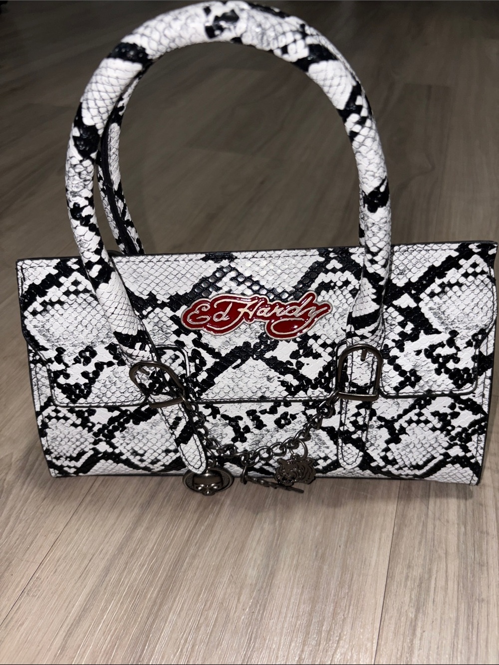 Ed Hardy Black & White Snake-Print Satchel with Logo Plaque